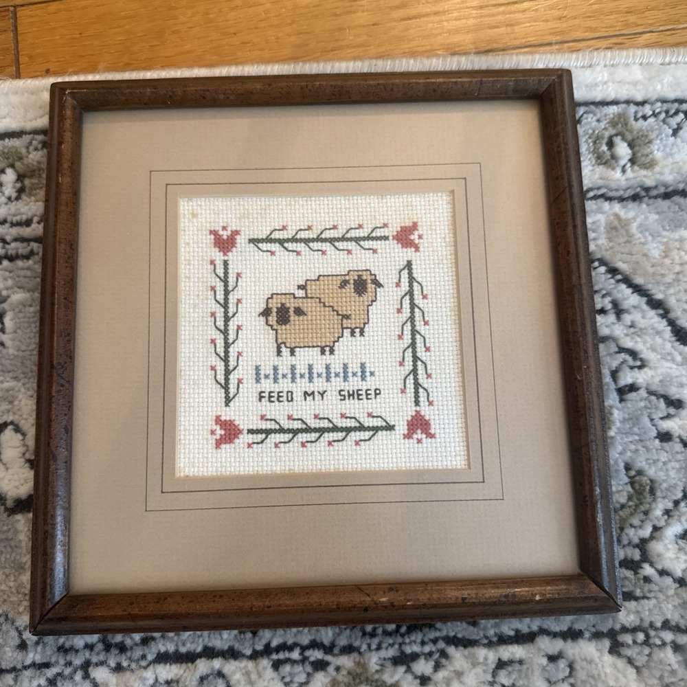 Vintage Cross-stitch Framed Art Completed Feed My Sheep Rain 8" X 8" Wood Frame